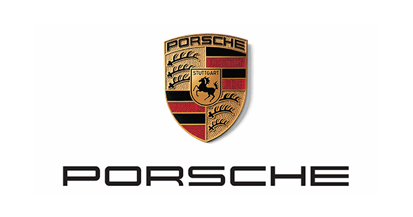Porsche-logoen i svart, rødt og gull med Stuttgarts våpenskjold på hvit bakgrunn.