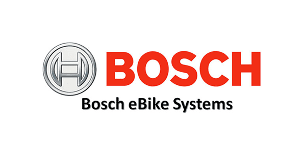 Bosch-logo, svart tekst «Bosch eBike Systems» under rødt «BOSCH», sølvfarget emblem til venstre.
