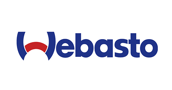 Webasto-logoen i blått med et stilisert rødt «W» i halvcirkelform.