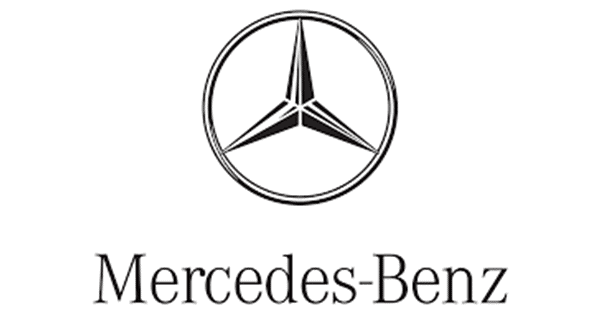 Svart Mercedes-Benz-logo med en trekantet stjerne på hvit bakgrunn.