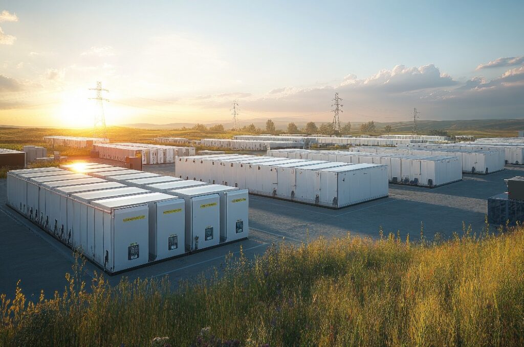 Et stort batterilagringssystem med solnedgangen i bakgrunnen.