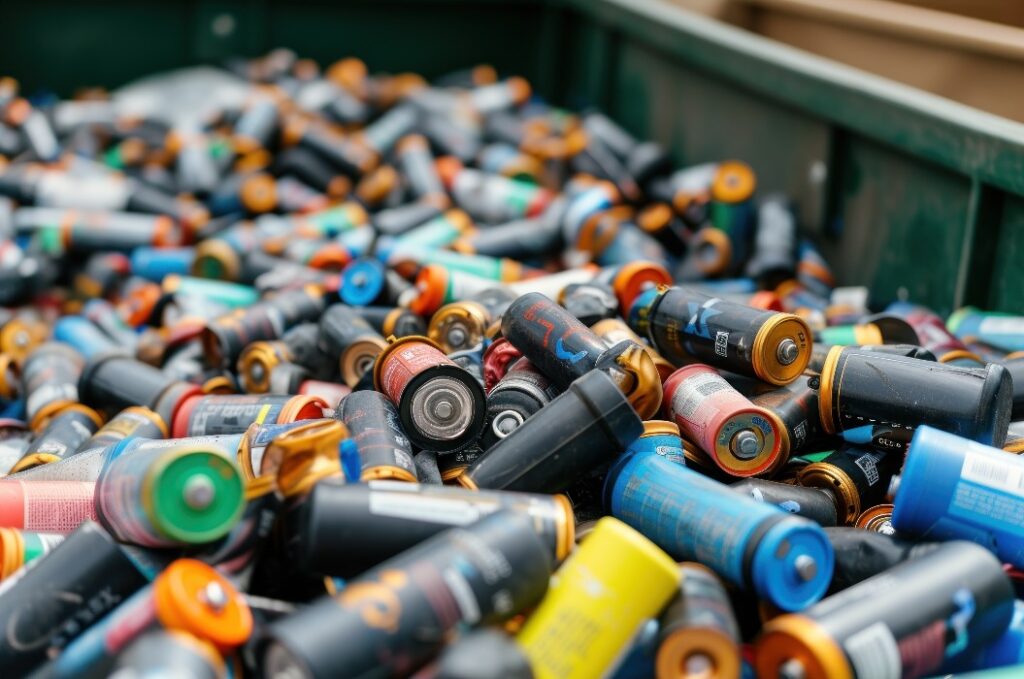 «Brukte husholdningsbatterier som er samlet i en gjenvinningsbeholder – understreker viktigheten av riktig avfallshåndtering av batterier.»