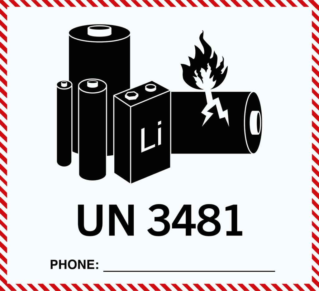 Svarte batterier med flamme- og lynsymbol ved siden av teksten «UN 3481» på hvit bakgrunn
